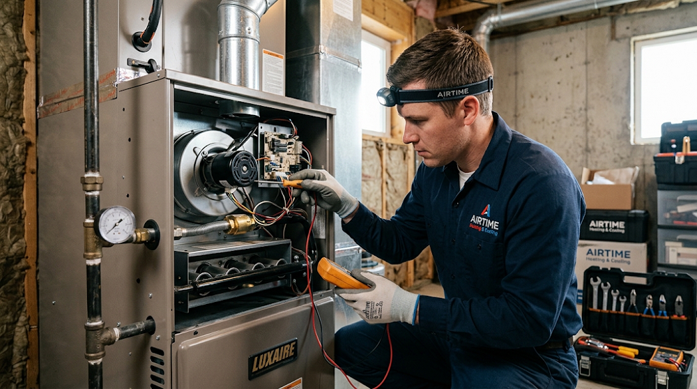 A professional HVAC technician wearing an Airtime branded uniform and a headlamp utilizes a multimeter to test the electrical components of an open residential furnace. He is carefully examining the complex interior wiring and circuitry of the heating system during a repair service.